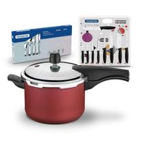 KIT - Panela de Pressão 4,5L Vermelha + 1 Conjunto Facas 9pç + 1 Faqueiro Inox 24pç - Tramontina