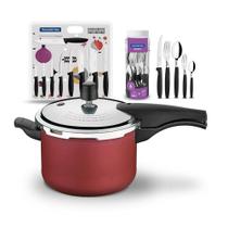 KIT - Panela de Pressão 4,5L Vermelha + 1 Faqueiro 30pç + 1 Conjunto Facas 9pç - Tramontina