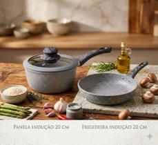 Kit Panela E Frigideira Indução 20cm Antiaderente Granito Cerâmica Cabo Soft Touch