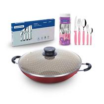 KIT - Panela WOK 36 cm Vermelho + 1 Faqueiro Rosa 30pç + 1 Faqueiro Inox 24pç - Tramontina