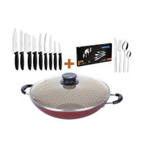 Kit - Panela Wok 6l 36 Cm Vermelho + 1 Conjunto Facas 9pç + 1 Faqueiro Inox 24pç - Tramontina Kit - Panela Wok 6l 36 Cm Vermelho + 1 Conjunto Facas 9pç + 1 Faqueiro Inox 24pç - Tramontina