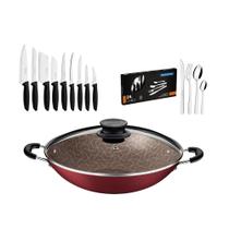 Kit - Panela Wok 6L 36 Cm Vermelho + 1 Conjunto Facas 9pç + 1 Faqueiro Inox 24pç - Tramontina