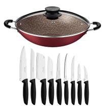 KIT - Panela WOK 6L Alumínio 36 cm Paris Vermelho + 1 Conjunto Facas 9pç - Tramontina KIT - Panela WOK 6L Alumínio 36 cm Paris Vermelho + 1 Conjunto Facas 9pç - Tramontina