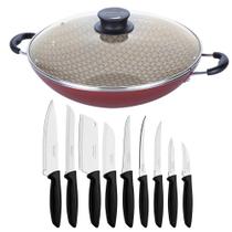 KIT - Panela WOK 6L Alumínio 36 cm Paris Vermelho + 1 Conjunto Facas 9pç - Tramontina