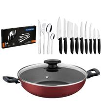 KIT - Panela Wok Alumínio 28Cm + 1 Conjunto Facas 9pç + 1 Faqueiro Inox 24pç - Tramontina