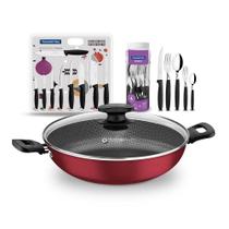 KIT - Panela Wok Alumínio 28Cm + 1 Faqueiro 30pç + 1 Conjunto Facas 9pç - Tramontina