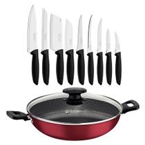KIT - Panela Wok Alumínio 28Cm Loreto Vermelho + 1 Conjunto Facas 9pç - Tramontina