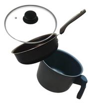 Kit Panelas Antiaderente Frigideira Leiteira Tampa De Vidro Preto Kit Panelas Antiaderente Frigideira Leiteira Tampa De Vidro Preto