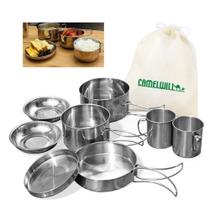 Kit panelas em inox camping acampamento cozinha 8 peças
