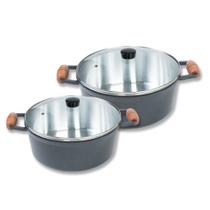 Kit Panelas Grandes Cava 28 e 32cm Alumínio Fundido Alça Madeira Com Tampa De Vidro Grafite