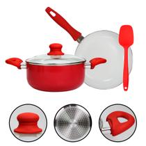 Kit Panelas Vermelha Indução Caçarola & Frigideira Cooktop 24cm + Espátula Vermelha