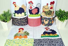 Kit Pano de Prato 5 Peças Patchwork Galinhas Algodão Barrado Cozinha Moderna