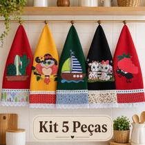 Kit Panos de Prato Coloridos Bordado Patchwork 5 peças Lançamento