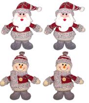 Kit Papai Noel e Boneco de Neve Pelúcia Pendente Xadrez Cinza e Vinho 20cm 4 Peças - Magizi