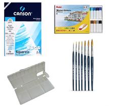 Kit Papel Canson Aquarela+Aquarela Pentel 24 Cores HTP+Godê+Kit Pinceis Taklon