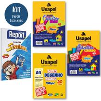 Kit Papel Escolar Criativo Colorido + Neon 13 Cores + Bloco de Desenho 140g + Papel Sulfite Report Desenho Dobraduras