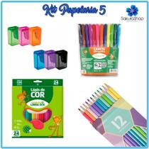 Kit Papelaria 5 - Para Colorir Canetinha Hidrografica + Lapis de Cor + Lapis Tom pastel + Apontador