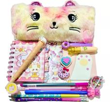 Kit Papelaria Fofa 15 itens Estojo Pelúcia Menina Presente