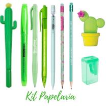 Kit Papelaria Fofa Cacto Kawaii Lapis Borracha Apontador