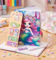Kit Papelaria Fofa: Caderno Sereia Com Cadeado + Adesivos Kit Papelaria Fofa: Caderno Sereia Com Cadeado + Adesivos