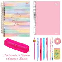 Kit Papelaria Fofa Donuts Master 1 Caderno 10 Materias Canetas Estojo Fofa Volta as aulas
