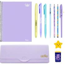 Kit Papelaria Fofa Fundo do mar Kawaii Caderno Lapis Borracha Apontador Lilas