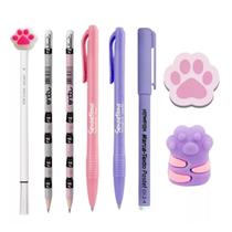 Kit Papelaria Fofa Patinhas Kawaii Lapis Borracha Apontador Caneta Fofas