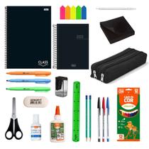 Kit Papelaria Juvenil Masculino All Black Caderno Estojo Caneta