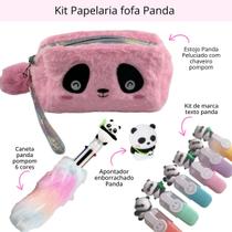 Kit Papelaria Panda com Estojo, Caneta Pompom, Apontador e MarcaTextos