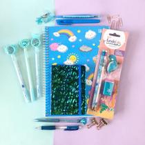Kit Papelaria Tons Azul Fofa Kawaii Cor Azul Escolar Neon