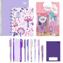 Kit Papelaria Tons de Roxo Lilas Escolar Kawai Escolar Completão Kit Papelaria Tons de Roxo Lilas Escolar Kawai Escolar Completão