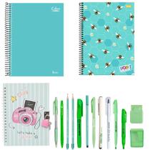 Kit Papelaria Tons de Verde Escolar Completo Kit Papelaria Tons de Verde Escolar Completo