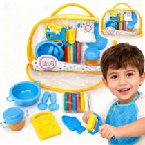 Kit Papinha Acessórios Boneca Massinha Modelar Babador Fralda Copo Mágico Talher Prato 11 itens ED1 Brinquedos criança cor azul menino master chef