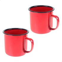 Kit Par 2 Caneca Esmaltada 350ml Grande Chá Café Vermelha Cozinha Metal Ferro Agate Retro Antiga Gourmet Lisa