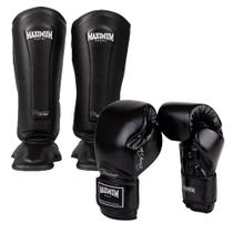 Kit Par de Caneleira + Par Luva Boxe Muay Thai Kickboxing Classic 12oz Maximum Black