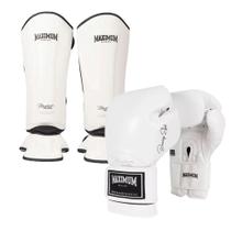 Kit Par de Caneleira + Par Luva Boxe Muay Thai Kickboxing Classic 12oz Maximum White