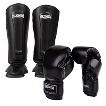 Kit Par de Caneleira + Par Luva Boxe Muay Thai Kickboxing Classic 16oz Maximum Black