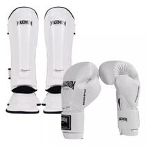 Kit Par de Caneleiras + Par Luvas De Boxe Muay Thai Kickboxing New Classic 14oz Maximum White Kit Par de Caneleiras + Par Luvas De Boxe Muay Thai Kickboxing New Classic 14oz Maximum White