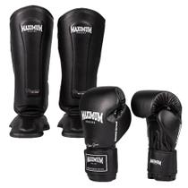 Kit Par de Caneleiras + Par Luvas De Boxe Muay Thai Kickboxing New Classic 16oz Maximum Black