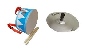 Kit Par de Pratos Fanfarra e Tambor Infantil Azul com Baquetas Kit Par de Pratos Fanfarra e Tambor Infantil Azul com Baquetas