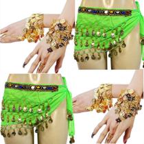 Kit Par de Pulseiras de Moedas e Lenço de Quadril Chiffon Com Pedrarias Dança do Ventre/Cigana/Indiana - KIT25