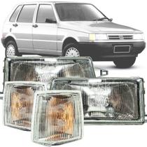 Kit Par Farol e Pisca Dianteiro Fiat Uno Fiorino Premio Elba 91 92 93 94 96 a 2004 Lente Acrílico e Vidro