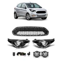 Kit Par Farol Milha Auxiliar Par Farol Máscara Negra Grade Central Ka Hatch 2015 2016 2017 2018 Lente Lisa Vidro
