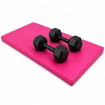 Kit Par Halter Sextavado 3kg + Colchonete Academia Rosa Musculação e Exercícios em Casa Resisten