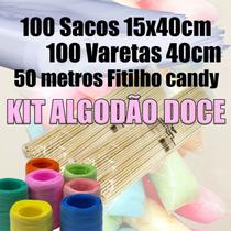 Kit para algadao doce 100 sacos 15x40cm 100 varetas 40cm e 50 metros fitilho colorido