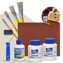 Kit para Artesanato em Madeira MDF com 4 Pincéis Tigre Rolo de Pintura Verniz e Base Acrílica Acrilex