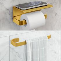 Kit Para Banheiro 1 Papel c/ Porta Celular 1 Rosto Dourado
