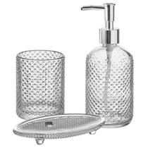 Kit para banheiro 3pçs vidro transparente em relevo Bubbles - Toda Casa Kit para banheiro 3pçs vidro transparente em relevo Bubbles - Toda Casa