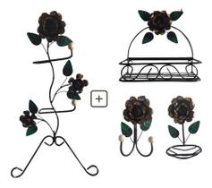 Kit Para Banheiro 4 Peças Em Ferro Com Rosas