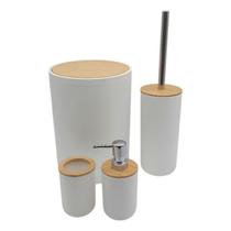 Kit Para Banheiro 4 Peças Lixeira Porta Escova Tampa Bambu G